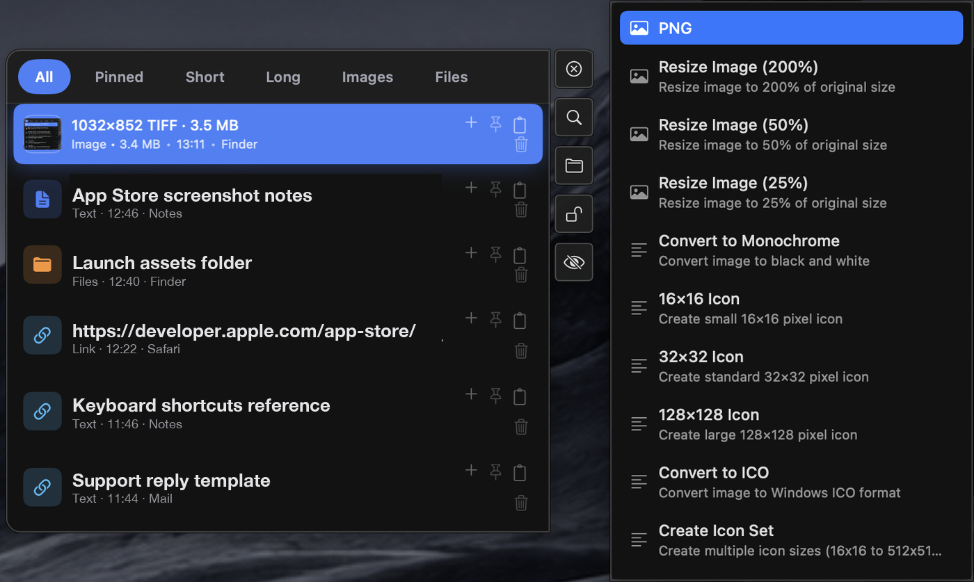 Copy Paste Manager showing an image selected in clipboard history with the Advanced Paste conversion panel open.