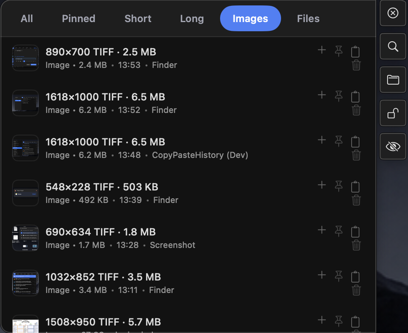 Copy Paste Manager clipboard popup showing the Images quick filter selected in blue.