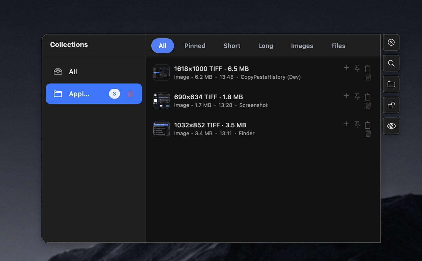 Copy Paste Manager showing the Collections sidebar with a selected collection and filtered clipboard items.