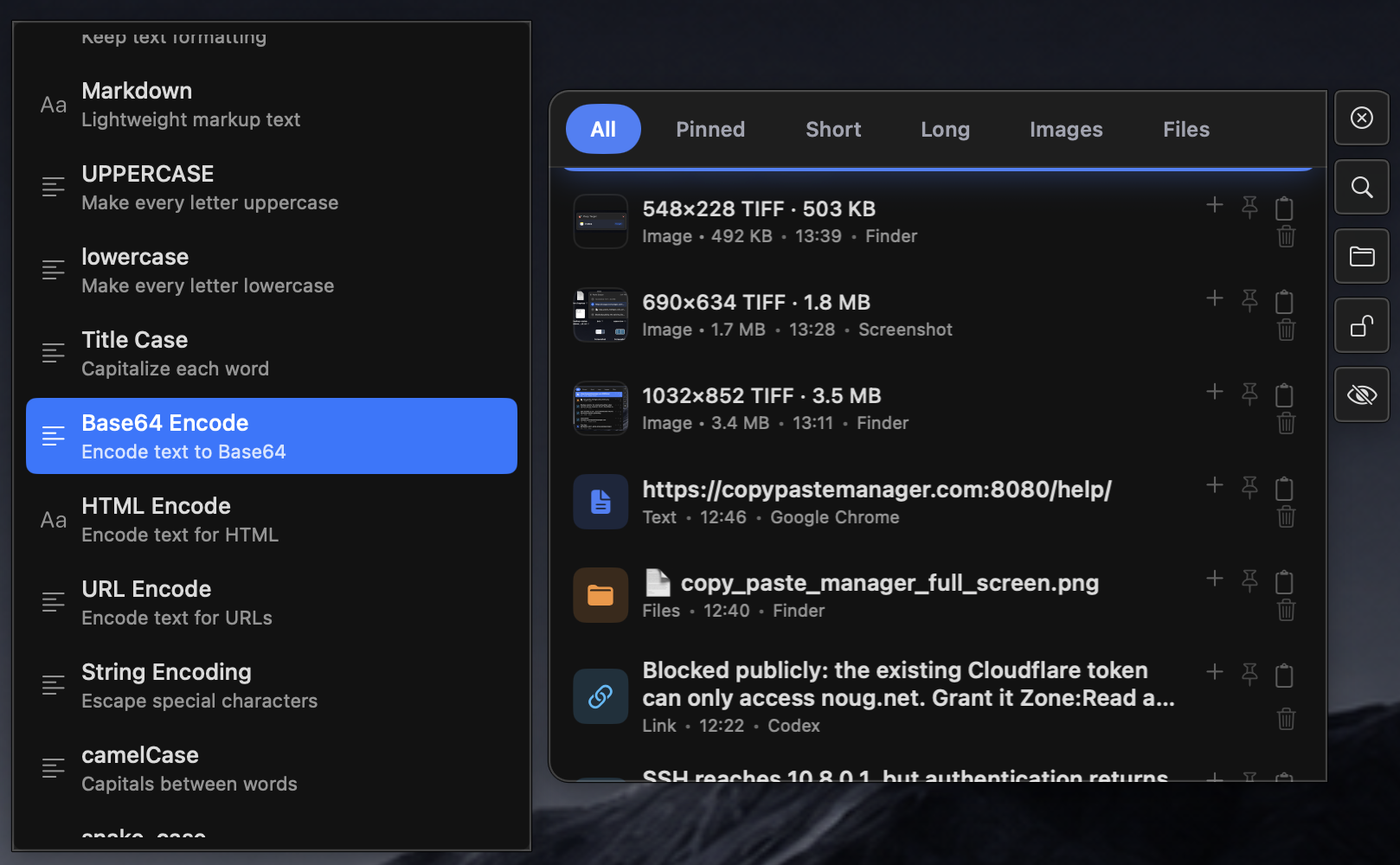 Copy Paste Manager showing text conversion actions such as Base64, HTML, URL, and case conversion.