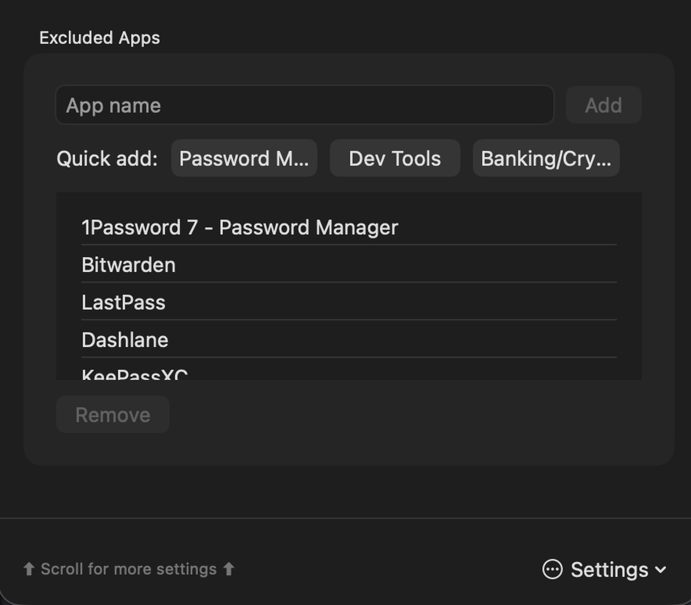 Copy Paste Manager settings showing excluded apps with quick-add buttons for password managers, developer tools, and banking apps.