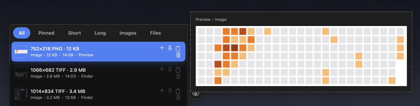 Copy Paste Manager showing an image history item selected with a large preview panel open.