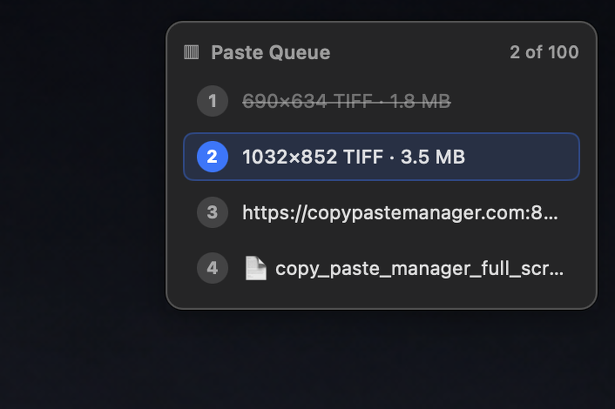 Copy Paste Manager Paste Queue overlay showing sequential paste progress.
