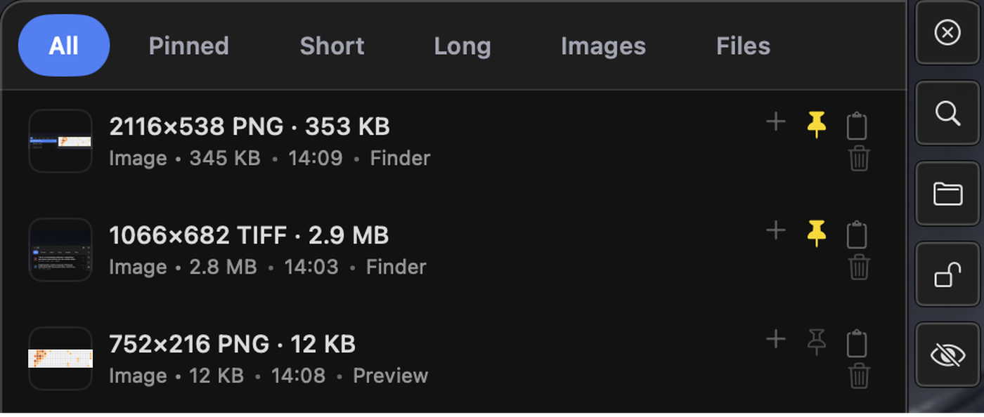 Copy Paste Manager clipboard popup showing pinned image items with yellow pin icons.