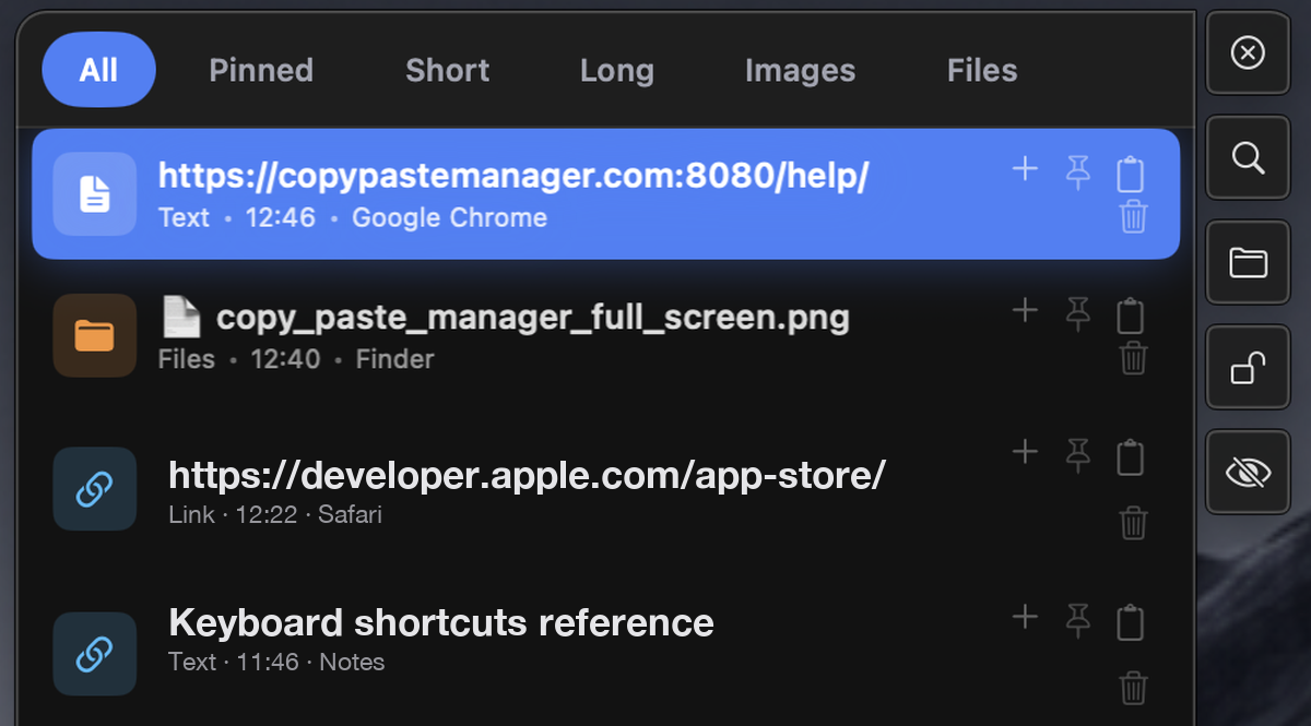 Copy Paste Manager clipboard popup showing filtered clipboard history tabs and toolbar controls.