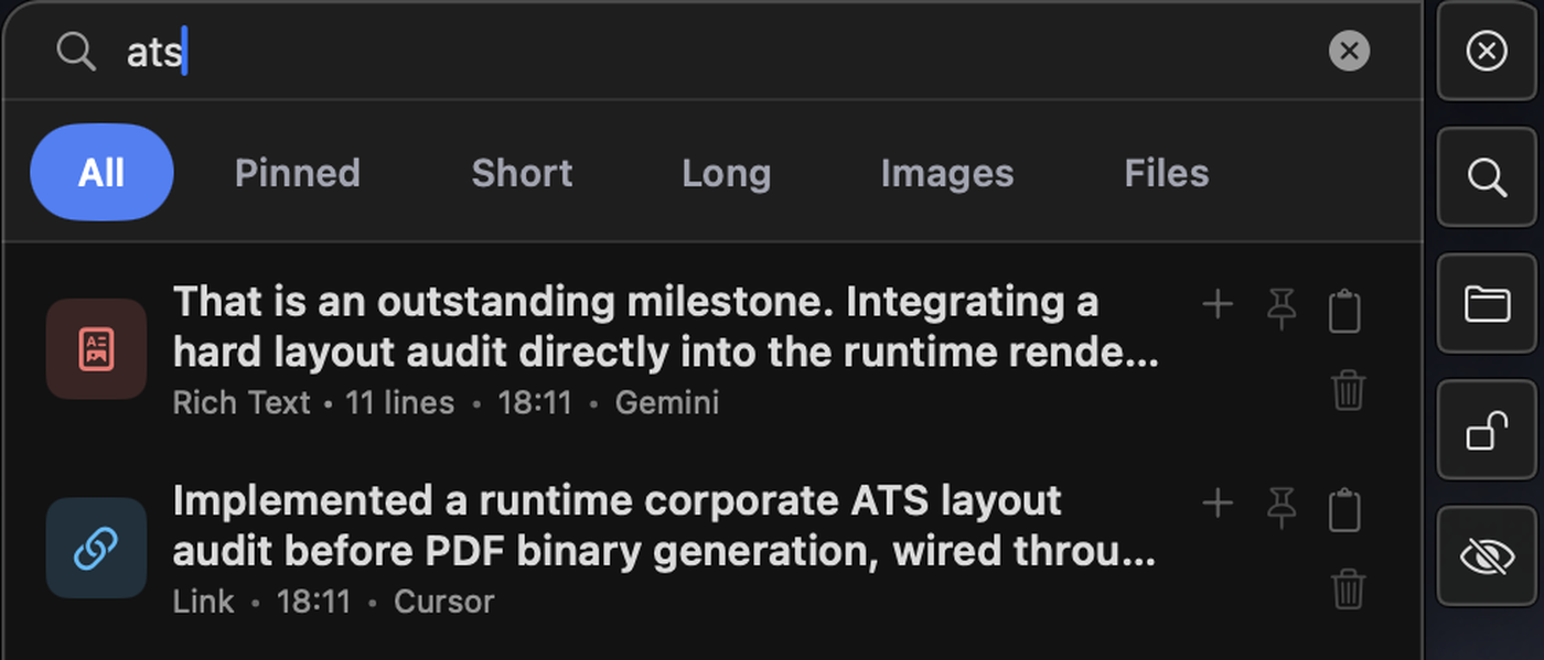 Copy Paste Manager clipboard popup with the search field active and matching clipboard results below.