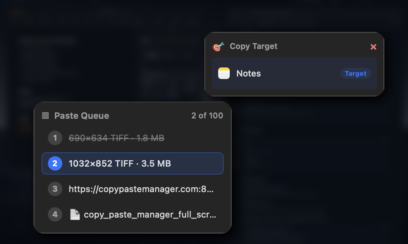 Copy Paste Manager workflow overlays showing Paste Queue progress and Copy Target status.