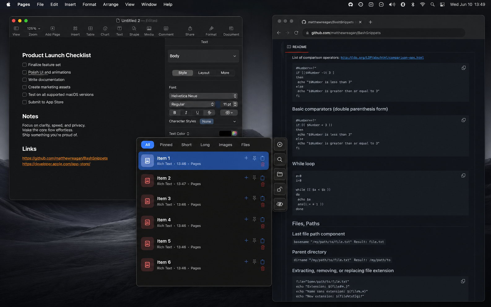 Copy Paste Manager clipboard popup open over Pages and a browser in dark mode.